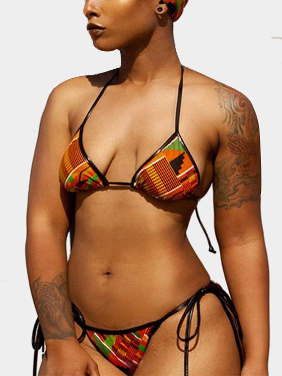 Wholesale Halter Sleeveless Floral Print Backless Wireless Two Piece Bikinis