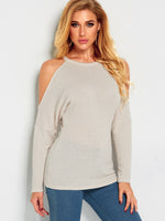 Wholesale Cold Shoulder Plain Cut Out Long Sleeve Beige T-Shirts
