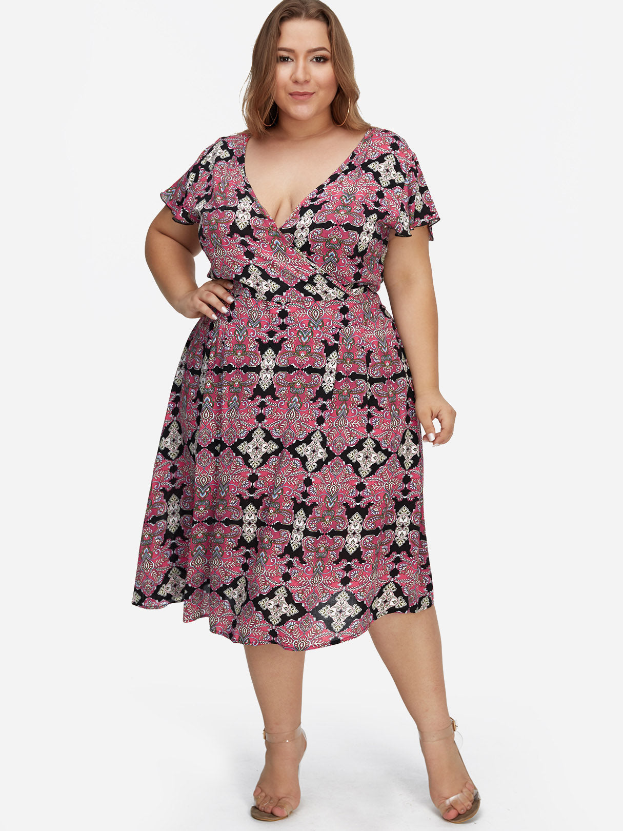 Wholesale V-Neck Vintage Floral Print Short Sleeve Flounced Hem Rose Plus Size Dresses