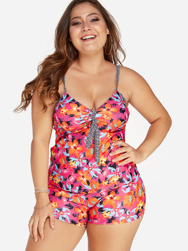 Wholesale V-Neck Floral Print Backless Spaghetti Strap Sleeveless Plus Size Swimwear