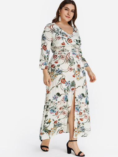 Wholesale V-Neck Floral Print Self-Tie Slit Hem Plus Size Dress