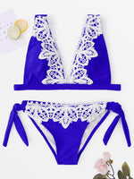 Wholesale Blue V-Neck Sleeveless Lace Wireless Two Piece Bikinis