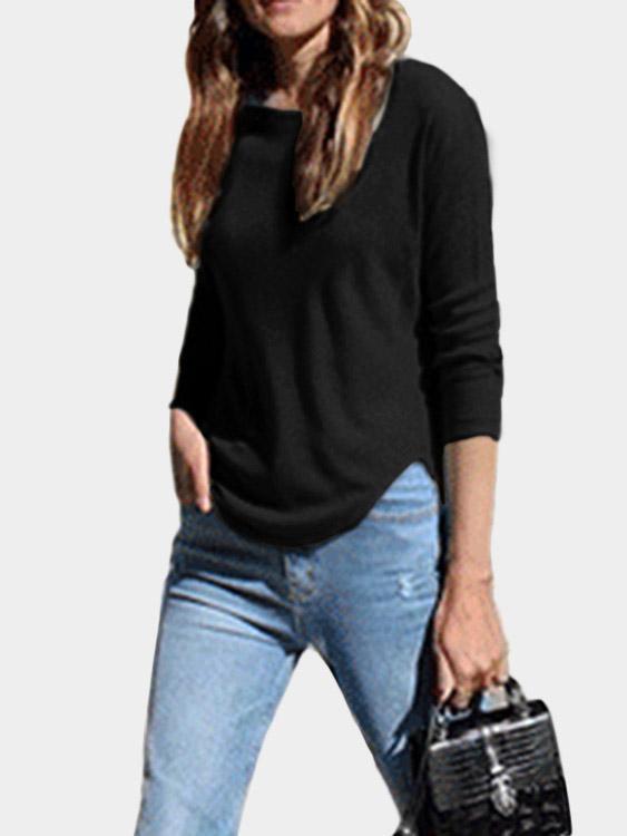 Wholesale Round Neck Slit Long Sleeve Irregular Curved Hem Black T-Shirts