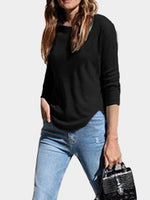 Wholesale Round Neck Slit Long Sleeve Irregular Curved Hem Black T-Shirts