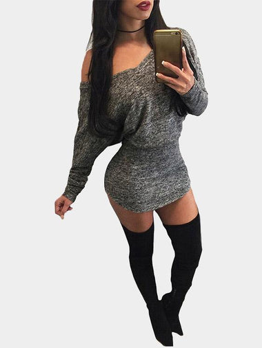 Wholesale Grey One Shoulder Long Sleeve Curved Hem Mini Dress