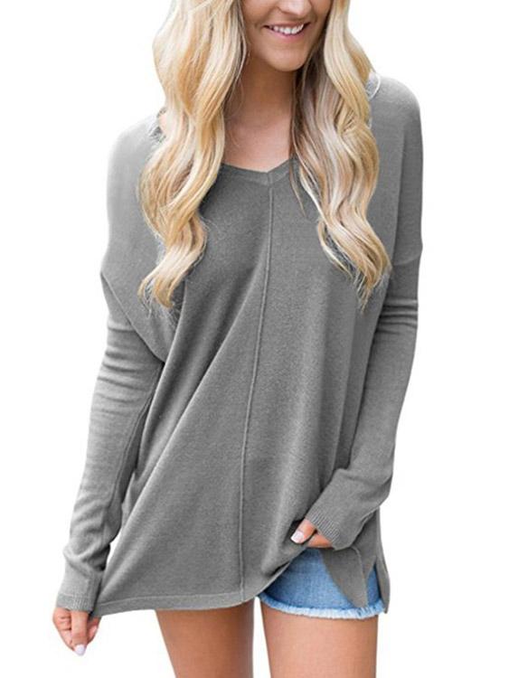 Wholesale V-Neck Long Sleeve Slit Hem Grey T-Shirts