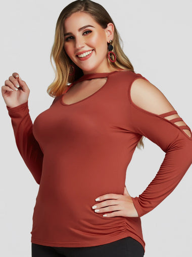 Wholesale Plain Cut Out Long Sleeve Coral Plus Size Tops