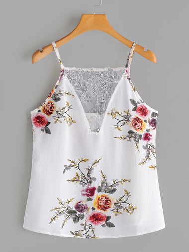 Wholesale Deep V Neck Floral Print Lace Backless Spaghetti Strap Sleeveless White Camis