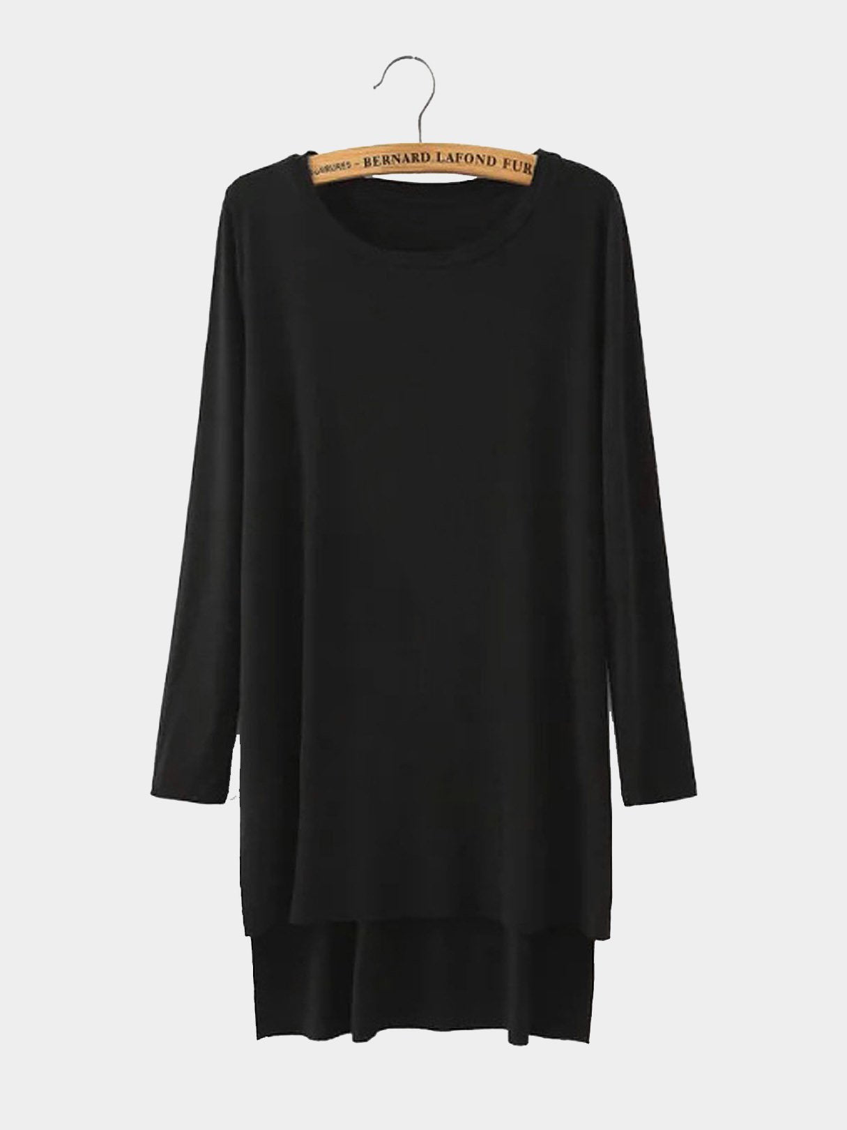 Wholesale Round Neck Long Sleeve Slit Hem Black Top