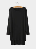 Wholesale Round Neck Long Sleeve Slit Hem Black Top