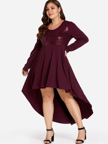 Wholesale Round Neck Sequins Embellished Long Sleeve High-Low Hem Burgundy Plus Size Dresses