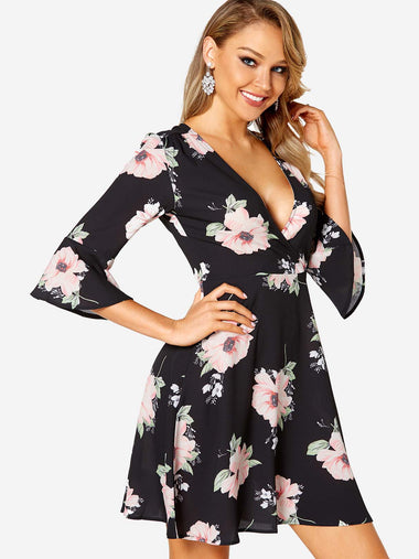 Wholesale Black V-Neck 3/4 Sleeve Length Floral Print Crossed Front Mini Dress