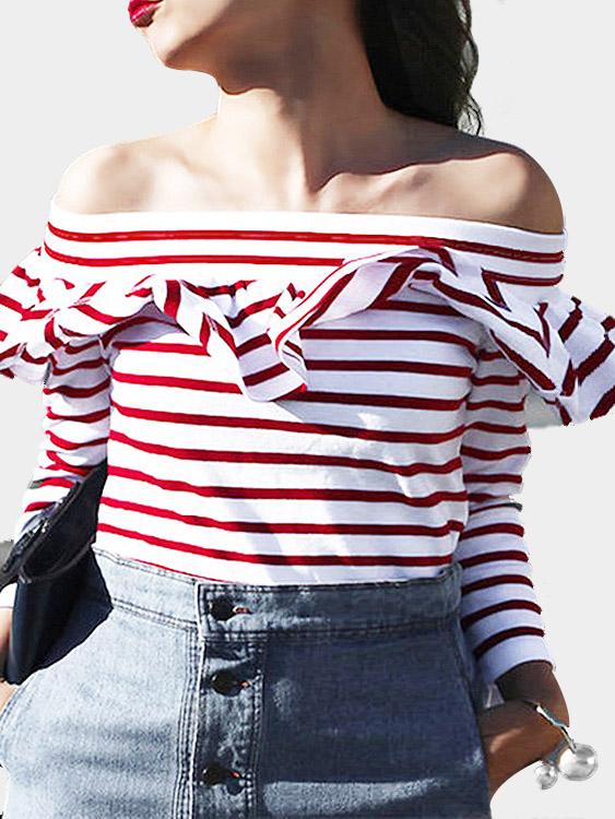 Wholesale Off The Shoulder Stripe Long Sleeve Red T-Shirts