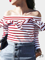 Wholesale Off The Shoulder Stripe Long Sleeve Red T-Shirts