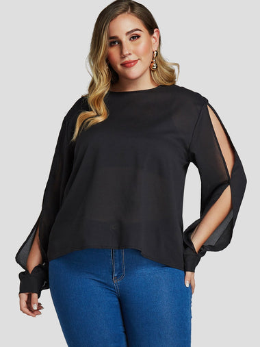 Wholesale Round Neck Plain Cut Out Long Sleeve Black Plus Size Tops