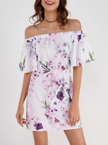 Wholesale White Off The Shoulder Floral Print Mini Dresses