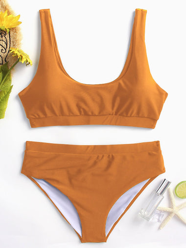 Wholesale Orange Sleeveless Plain Spaghetti Strap Two Piece Bikinis
