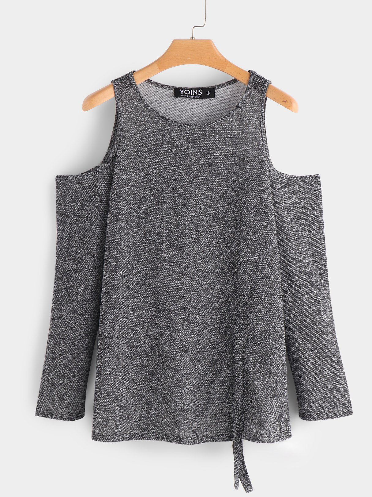 Wholesale Round Neck Cold Shoulder Plain Long Sleeve Grey T-Shirts