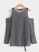 Wholesale Round Neck Cold Shoulder Plain Long Sleeve Grey T-Shirts