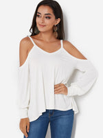 Wholesale V-Neck Cold Shoulder Long Sleeve Irregular Hem White T-Shirts