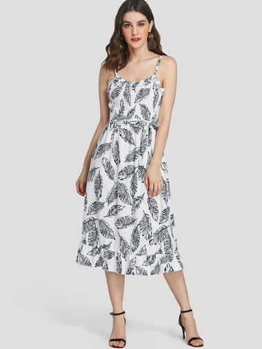 Wholesale White Spaghetti Strap Tie-Up Flounced Hem Casual Dress