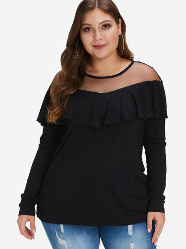 Wholesale Round Neck Plain See Through Ruffle Trim Long Sleeve Black Plus Size Tops