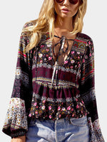 Wholesale Deep V Neck Printed Long Sleeve Blouses