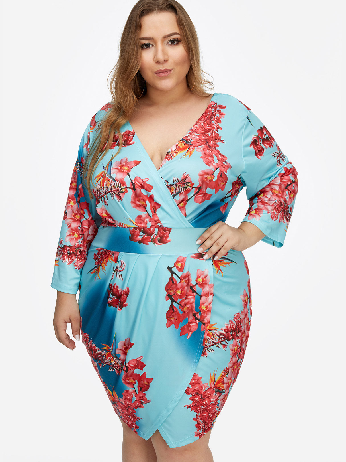 Wholesale V-Neck Floral Print Long Sleeve Curved Hem Blue Plus Size Dresses