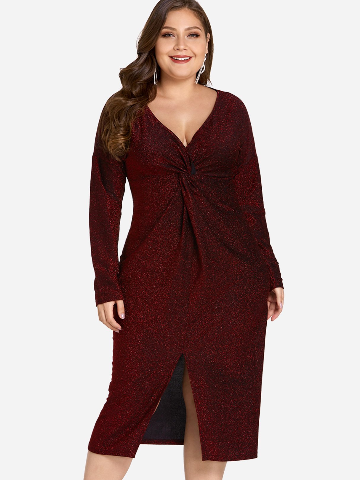 Wholesale V-Neck Plain Twist Long Sleeve Slit Hem Red Plus Size Dress