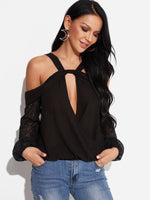 Wholesale V-Neck Cold Shoulder Crossed Front Backless Hollow Long Sleeve Black Blouses