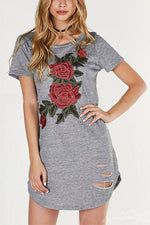 Wholesale Grey Round Neck Short Sleeve Embroidered Curved Hem Mini Dress