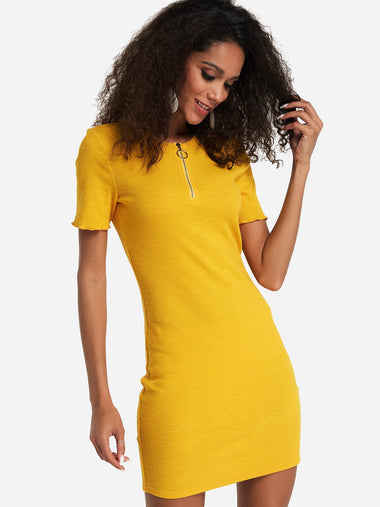 Wholesale Yellow Round Neck Short Sleeve Plain Bodycon Dresses