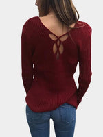 Wholesale V-Neck Pullover Hollow Long Sleeve Red T-Shirts