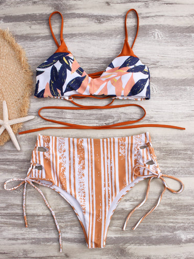 Wholesale V-Neck Floral Print Lace-Up Criss-Cross Sleeveless High-Waisted Bikinis