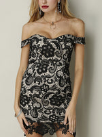 Wholesale Black Off The Shoulder Short Sleeve Lace Zip Back Slit Hem Sexy Dresses