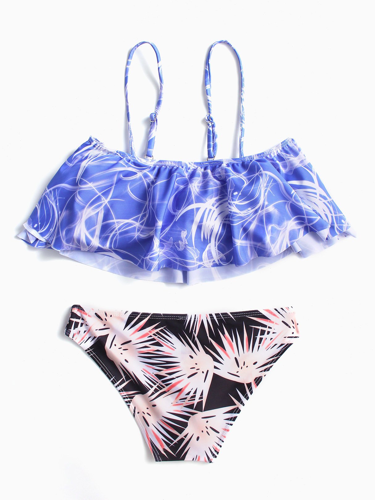 Wholesale Blue Off The Shoulder Sleeveless Floral Print Flounced Hem Two Piece Bikinis