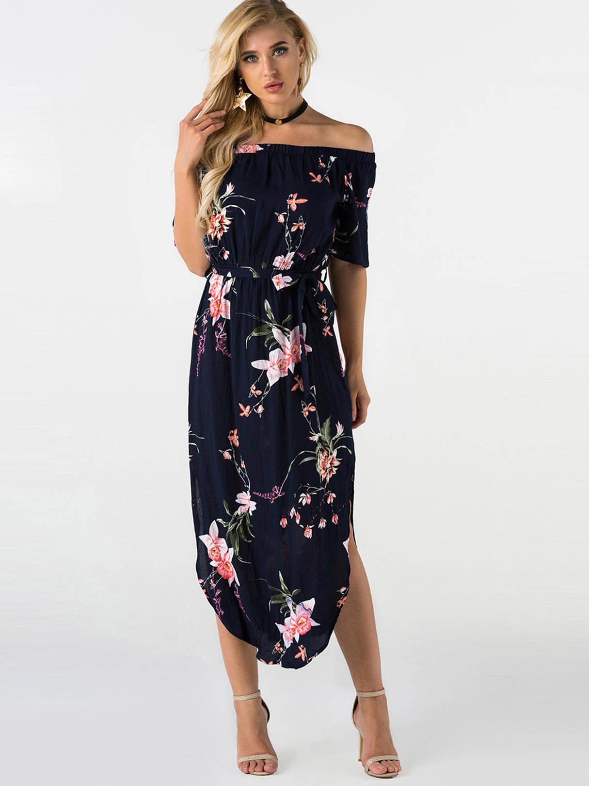 Wholesale Off The Shoulder Floral Print Self-Tie Short Sleeve Slit Hem Navy Dresses