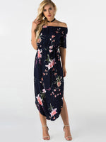 Wholesale Off The Shoulder Floral Print Self-Tie Short Sleeve Slit Hem Navy Dresses