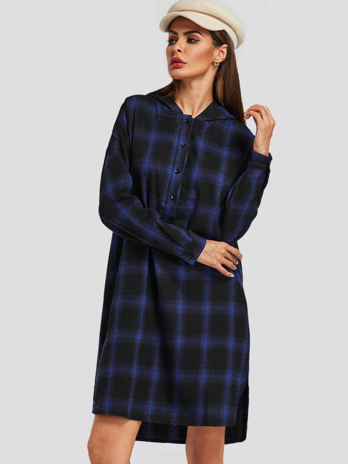 Wholesale Grid Printed Hooded Long Sleeve Slit Hem Black Shirt Dresses