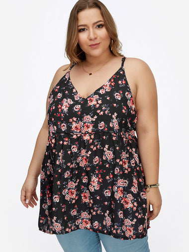 Wholesale V-Neck Floral Print Calico Pleated Spaghetti Strap Sleeveless Flounced Hem Plus Size Tops