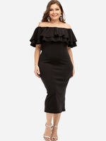 Wholesale Off The Shoulder Plain Tiered Ruffle Trim Half Sleeve Plus Size Dresses