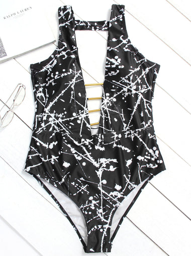 Wholesale Deep V Neck Printed Backless Hollow Wireless Sleeveless Black Plus Size Swimwear