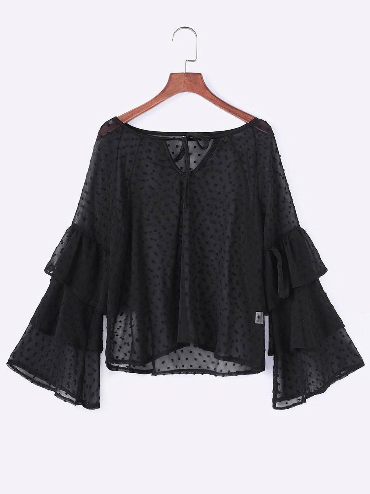 Wholesale Round Neck Polka Dot Tiered Cut Out Self-Tie Long Sleeve Black Blouses