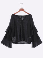 Wholesale Round Neck Polka Dot Tiered Cut Out Self-Tie Long Sleeve Black Blouses