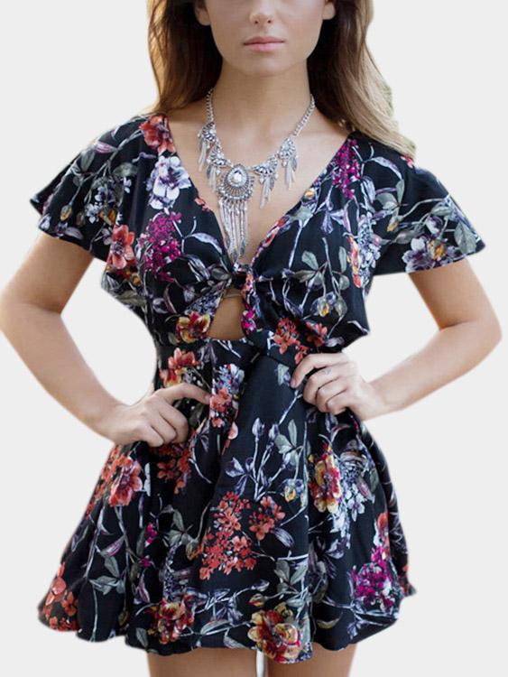 Wholesale V-Neck Short Sleeve Floral Print Dress