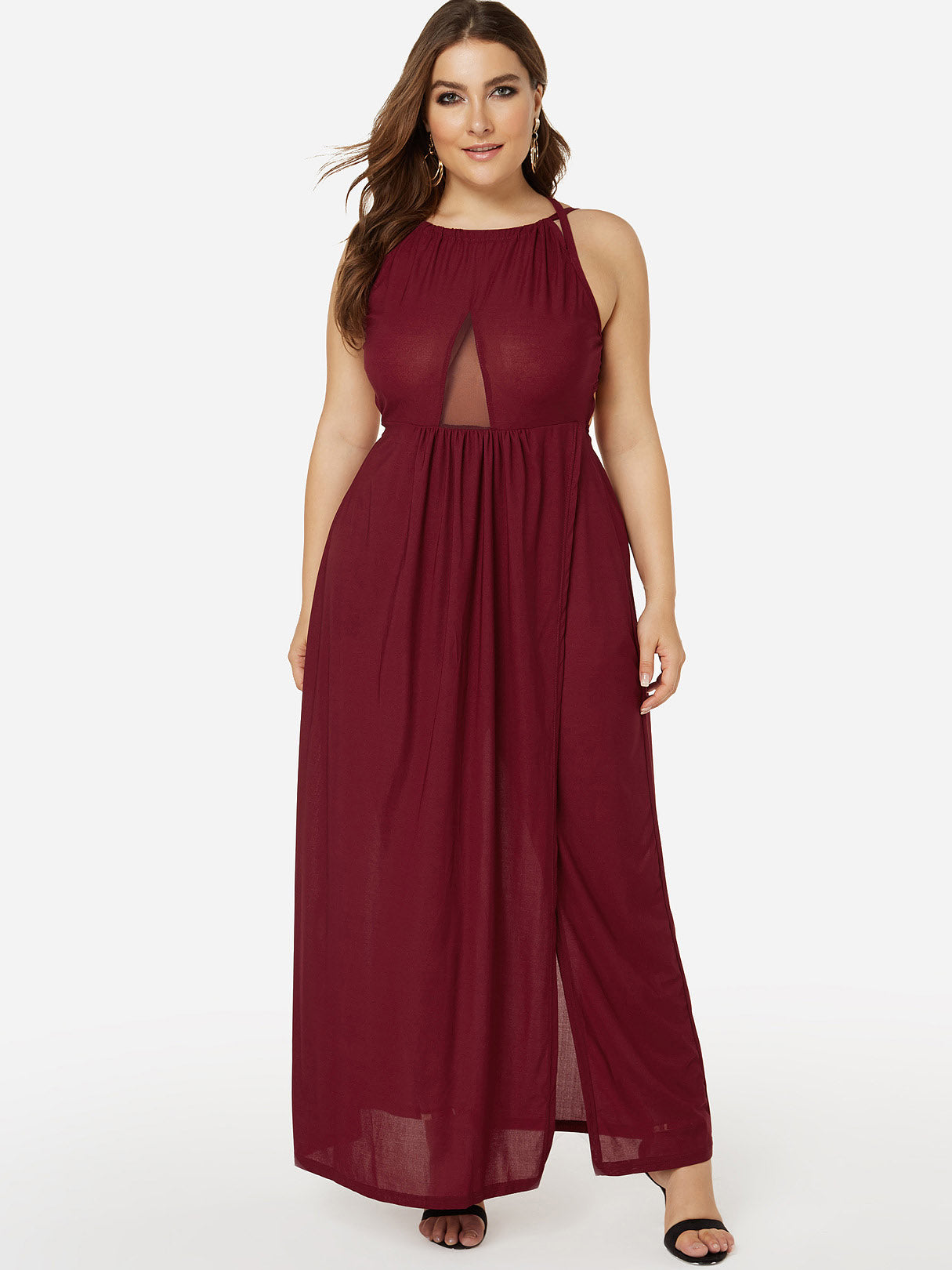Wholesale Halter Plain Backless See Through Criss-Cross Sleeveless Slit Hem Plus Size Dresses