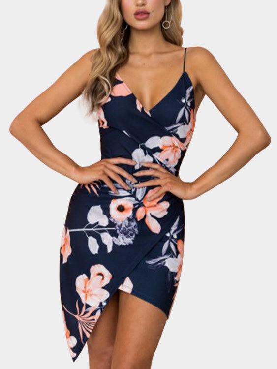 Wholesale Navy V-Neck Sleeveless Floral Print Crossed Front Backless Wrap Irregular Hem Mini Dress