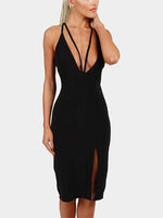 Wholesale Black V-Neck Sleeveless Slit Hem Sexy Dress