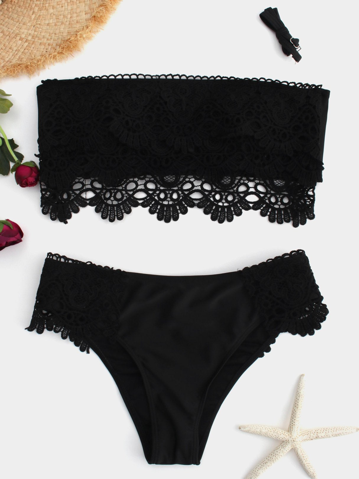 Wholesale Black Tube Top Lace Self-Tie Two Piece Bikini