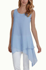 Wholesale Round Neck Plain Sleeveless Irregular Hem Light Blue Tank Top